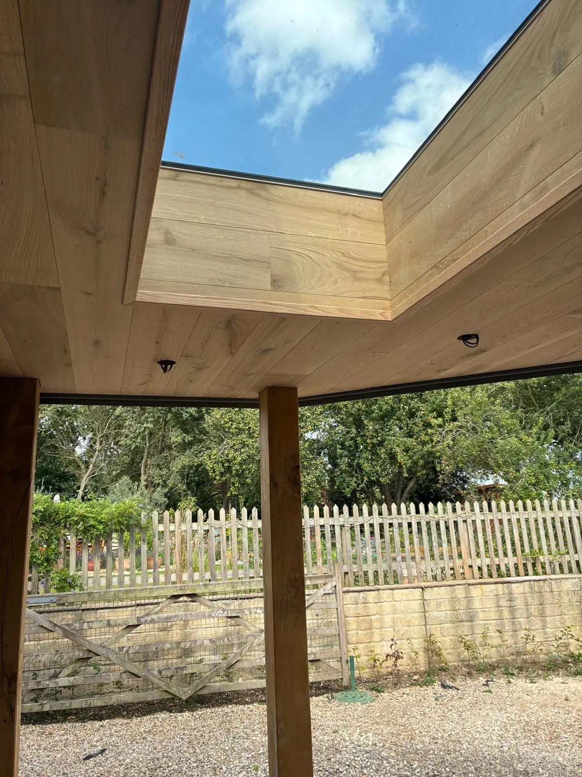 Looking up through the oak-lined roof light in the rear canopy